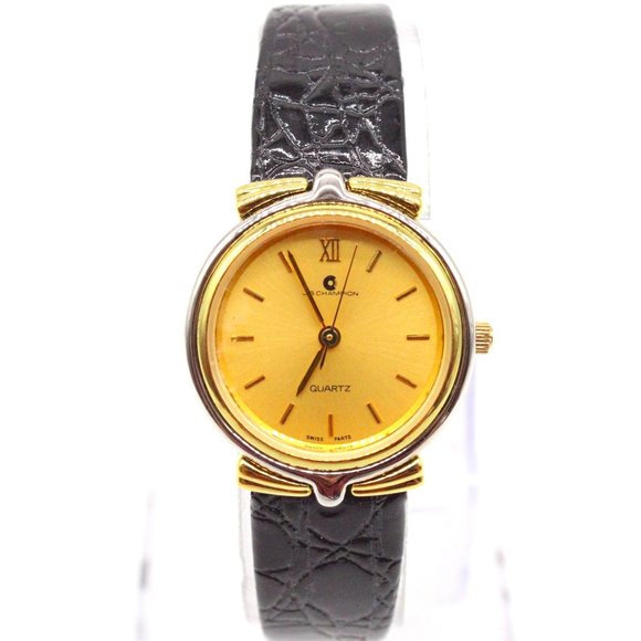 J.B Champion Watch Womens Gold Tone Stainless Steel Classic Black Leather Band - Picture 1 of 8